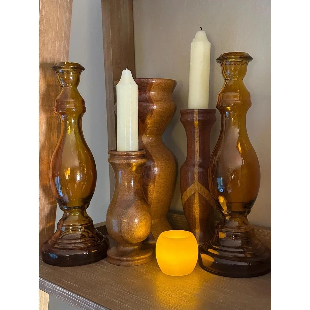 Vintage Amber Glass Candlestick Holders Pair MCM Candle Decor